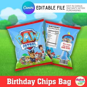May include: Two blue birthday chip bags with the Paw Patrol logo and characters. The bags have red trim and feature the text "Birthday Chips Bag". The bags also have the text "You make my party PAW-SOME!"