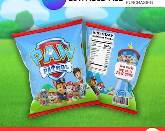 Bolsas de patatas fritas con diseño de cachorro rescatado / Bolsa de patatas fritas editable / Decoraciones de cumpleaños con temática canina / Descarga instantánea