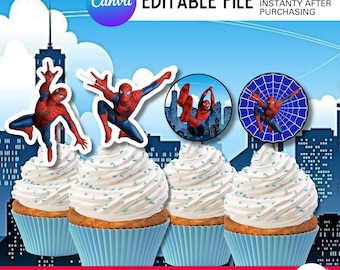 Cartoon Superhero CupCake Topper: Spider hero Character,  Party Decor (PDF Download