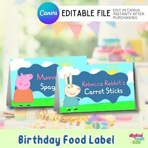 May include: Birthday food labels featuring cartoon characters, with text including "Mummy Spag" and "Rebecca Rabbit's Carrot Sticks." The labels have a blue sky background with a green grass border. The words "Canva Editable File" are also visible.