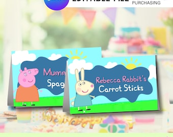 Etiquetas de comida para fiesta de cumpleaños de cerdos: Tarjetas editables para buffet de animales de granja (PDF)