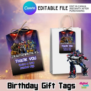 Op de afbeelding: Een witte cadeauzak met een Transformers-thema label en een speelgoedrobot. Op het label staat "TRANSFORMERS THANK YOU" met de tekst "You're a true Autobot ally!" De afbeelding bevat ook een label met de tekst "Birthday Gift Tags".