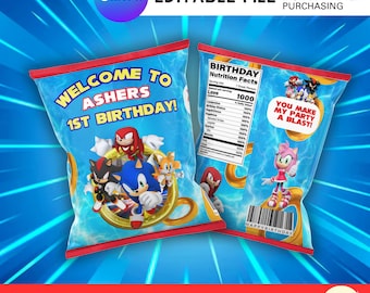Blue Hedgedog Birthday Chip Bag | Editable Hedgedog Party Decor (Digital Download)