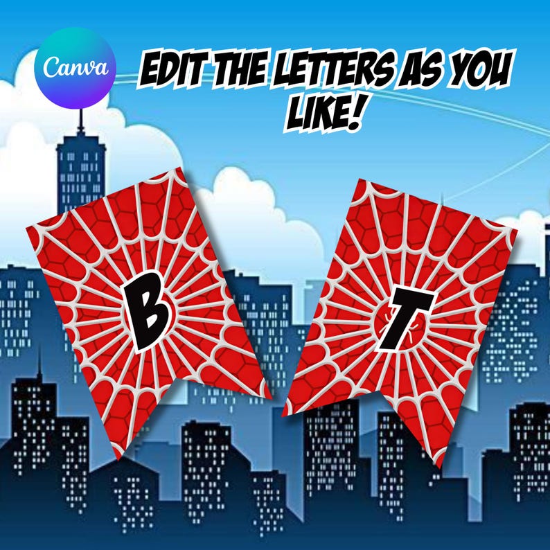 May include: Two red and white spiderweb-patterned banners, each with a letter, 'B' and 'T', against a cityscape backdrop. The text 'EDIT THE LETTERS AS YOU LIKE!' is displayed above the banners, with a Canva logo in the upper left.