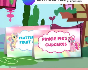 Etiquetas de comida para fiesta temática de ponis pastel / Etiquetas editables para fiesta arcoíris / Imprimibles para cumpleaños de niña / Descarga instantánea