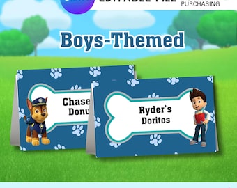 Etiquetas para comida de fiesta temática de cachorros (para niño) / Tarjetas de comida editables / Decoraciones de cumpleaños con temática de perros / Descarga instantánea