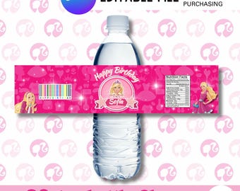 Etiqueta para botella de agua con temática de muñeca rosa – Regalo imprimible para fiesta – Descarga instantánea