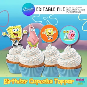 Pode incluir: Cupcakes com cobertura branca e granulado azul, cobertos com recortes de personagens de desenhos animados. Os cupcakes estão em forminhas de papel azuis. A imagem inclui o texto "Birthday Cupcake Topper" e "Canva Editable File".