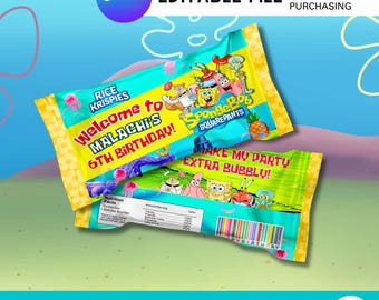 Gele spons verjaardagslabels Rice Krispies | Under the Sea-feestdecor (bewerkbare pdf)