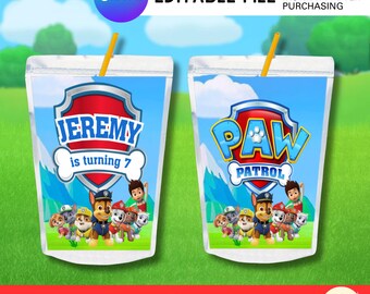 Capri-zonlabels verjaardag redding puppy jongen | Bewerkbare decoraties voor sapzakjes (digitale download)