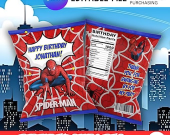 Spider hero Birthday Chip Bag | Editable Super hero Party Decor (Digital Download)