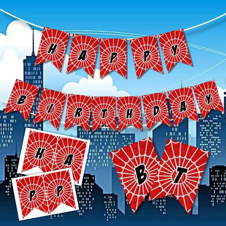 May include: A red and white banner set with a spiderweb design, spelling out "HAPPY BIRTHDAY". Includes additional matching pennants. The background features a cityscape under a blue sky.