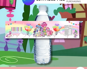 Pastellfärgad regnbågsfärgad ponnyvattenflasketikett | Utskrivbar magisk hästfest