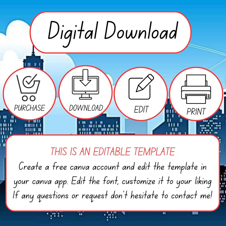 May include: Digital download graphic with four circular icons: purchase, download, edit, and print. Text reads "This is an editable template." Instructions are provided for editing the template in Canva.
