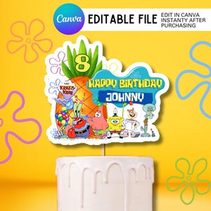 Yellow sponge cake topper, Cartoon Birthday topper, Personalize age and name, Children Birthday Party, custom cake topper, Printable