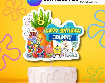 Adorno para tarta editable de dibujos animados de Sponge: Fiesta de cumpleaños de Sponge amarillo (PDF imprimible)