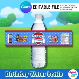 May include: A clear plastic water bottle with a custom label featuring cartoon characters and the text "JEREMY is turning 7." The label is red and blue with a barcode and nutrition facts. The words "Birthday Water bottle" are at the bottom.