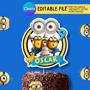 May include: A blue cake topper featuring Minions characters with the number 9 and the name "Oscar". The topper includes the text "Happy Birthday!" on a small cake, and the words "EDITABLE FILE" and "EDIT IN CANVA INSTANTLY AFTER PURCHASING".