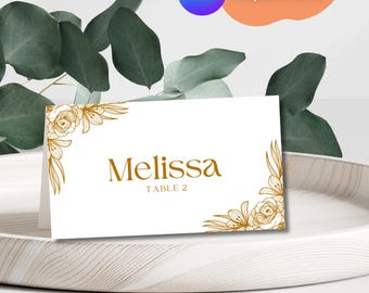 Tarjetas de lugar para bodas en blanco y dorado: Diseño floral minimalista (archivos digitales)