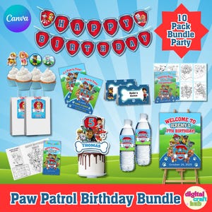 Può includere: Un pacchetto per feste di compleanno a tema Paw Patrol con varie decorazioni. Include uno striscione, cupcake, sacchetti regalo, inviti, libri da colorare, etichette per bottiglie d'acqua e un cake topper. Il pacchetto presenta il testo "Happy Birthday" e "Welcome to Jeremy's 7th Birthday!"
