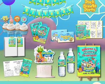 Paquete de fiesta bajo el mar / Tema del océano de esponja amarilla / Juego de decoración de cumpleaños infantil de 10 piezas