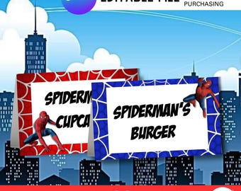 Superhero Party Food Labels | Editable Food Tents | Spider hero  Birthday Decorations | Instant Download