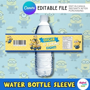 May include: A water bottle with a yellow and blue sleeve featuring Minion characters and the text "Oscar is Turning Eight!" The sleeve includes a barcode and the words "Happy Birthday". The background has a repeating Minion pattern.