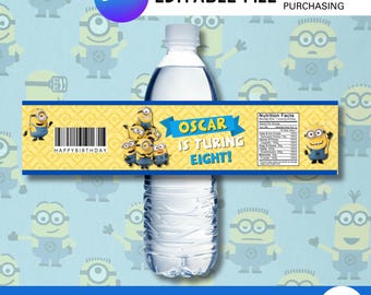 Geel en blauw op karakter geïnspireerd waterflesetiket – afdrukbaar feestbedankje