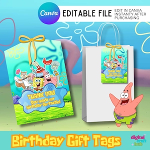 Op de afbeelding: Een witte cadeauzak met een gele strik en een label met SpongeBob SquarePants-personages. Een bijpassend label en een grote kaart met de tekst "THANK YOU You made my birthday Fin-tastic!" zijn ook afgebeeld. De tekst "Birthday Gift Tags" staat onderaan.