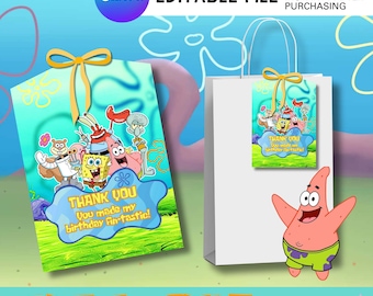 Etiquetas de regalo de cumpleaños de esponja amarilla / Recuerdos de fiesta bajo el mar (Imprimibles, editables)