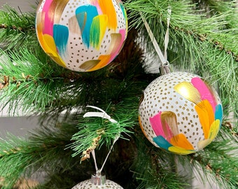Hand Painted Glass Christmas Ball Ornament Set: Colorful Paint Strokes
