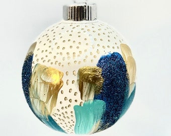 Hand Painted Glass Ornament Set: Blue , Gold,Agua 2.63 inch (Set of 6)