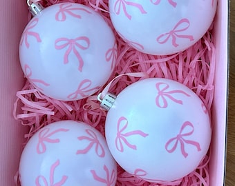 Pink Bow Christmas Ornaments: Set of Four, Shatterproof