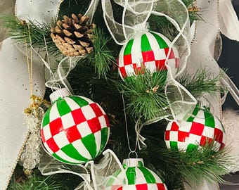 Hand painted Christmas Ornaments. Red and Green, Checks and Stripes Set of 3!