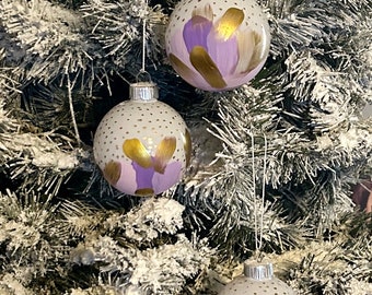 Hand Painted Glass Christmas Ornaments: Purple and Gold, Set of 6