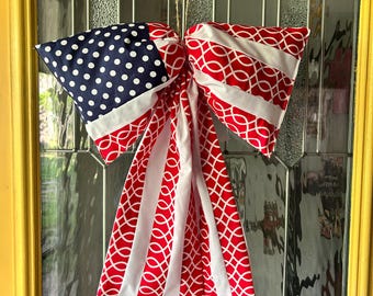 Oversized Patchwork Flag Bow: Red, White & Blue Door Hanger