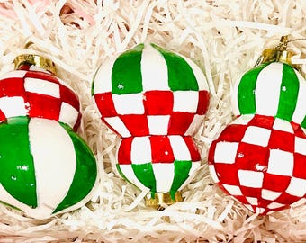 Hand Painted Ceramic Christmas Ornaments: Red and Green, Three Piece Set