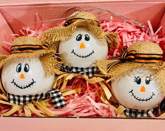 Hand Painted Scarecrow Ornament Set: Fall Decor