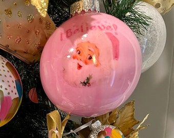 Paint Poured Christmas Ball Ornament: Vintage Santa, Pink (4 inch)
