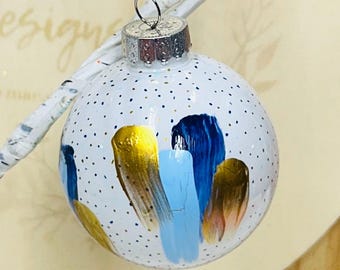 Hand Painted Glass Ornament Set: Navy, Light Blue ,  Gold, 2.63 inch (Set of 6)