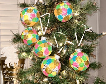 Set of Six. Bright colorful poka-dots hand painted 2.63 in glass ornaments.
