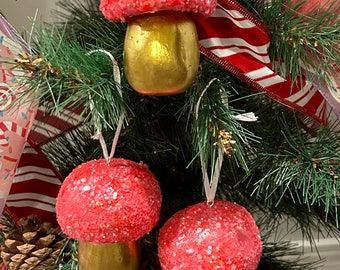 Mushroom Christmas Ornaments: Pink & Gold, 3-Piece Set