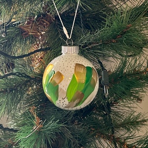 Hand Painted Glass Ball Ornament Set: Green & Gold Christmas Decor (Set of 6)