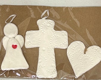 Three piece , white clay ornament set. Cross, Angel and heart