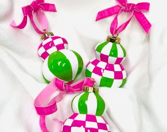 Hand Painted Ceramic Christmas Ornaments: Pink & Green, 3-Piece Set
