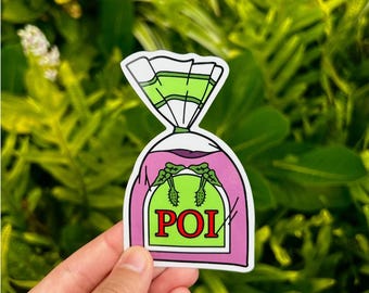 May include: A pink and green sticker with a cartoon drawing of a bag of poi. The bag has a green and white striped top and the word "POI" is written in red letters on the front.