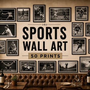 Sports Wall Art Set,50 Prints,Vintage Sports Photos,Black White Decor