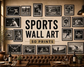 Sports Wall Art Set,50 Prints,Vintage Sports Photos,Black White Decor