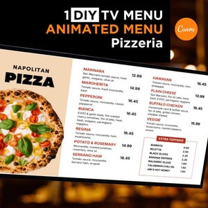 Modèle de tableau de menu numérique Pizza, conception sur toile éditable (16:9)