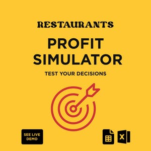May include: A yellow graphic with the words "Restaurants Profit Simulator" in black. Below, the text "Test Your Decisions" is displayed. A red target with an arrow is in the center. The words "See Live Demo" are in a black box.